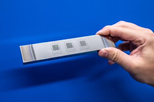 A prototype of a strain sensor, used in fields like robotics, which is the result of extremely precise micromachining.