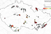 Vývoj pokryvnosti přirozeného zmlazení jedle (Abies alba) během druhé poloviny 20. století na vybraných územích v ČR. Mapa ukazuje snížení schopnosti regenerace na většině území, zřejmě vlivem okusu zvěře. Šedá výplň znamená absenci zmlazení v historickém i novém záznamu.