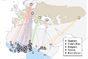 Mapa hnízdišť a zimovišť rákosníků velkých, které vědci sledovali pomocí geolokátorů  a jejichž pera použili k vytvoření nové izotopové mapy.