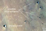 Mars view of the Chryse Planitia region, where there are features on the surface that are interpreted as mud volcano-like structures. 