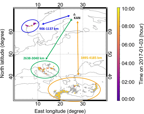 Tři bouřkové systémy zásobující 3. ledna 2017 hvizdovod poblíž polární observatoře Kannuslehto ve Finsku, označené černým trojúhelníkem a zkratkou KAN. Norská bouře, spojená s cyklónem Axel, je zakroužkována modře, zelený ovál označuje středomořskou bouři na Apeninském poloostrově a na Jadranu, rozsáhlá bouře ve východním středomoří a u afrického pobřeží je označena žlutě. 